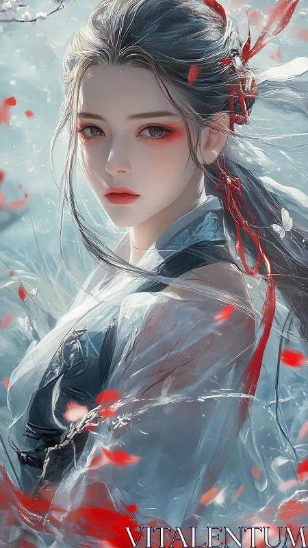 Digital portrait shows stylized woman amid red petals