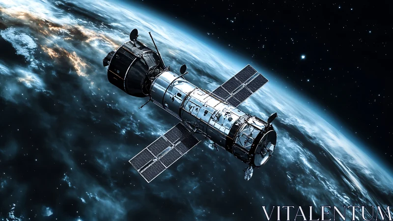 Orbital space telescope with solar arrays circles Earth