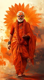 Orange robed Hindu sadhu walking before radiant lotus halo