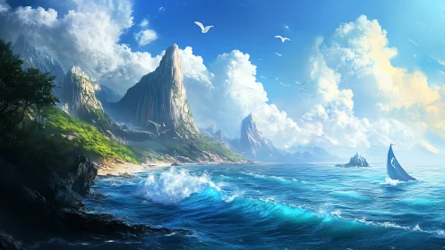 Cliffside Cove with Soaring Birds and Sailboat
