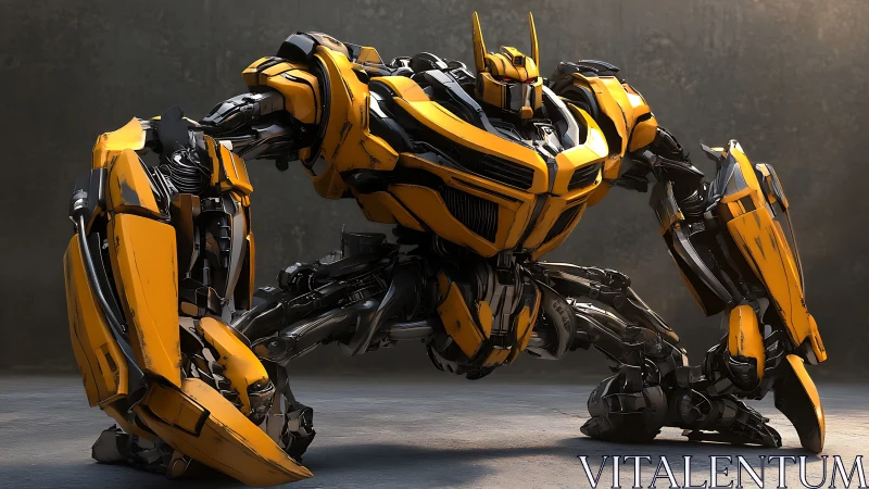 Battle-ready yellow mech crouched in industrial light.