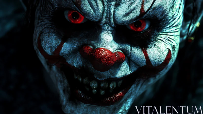 Sinister clown close-up with glowing red eyes in shadowed darkness.