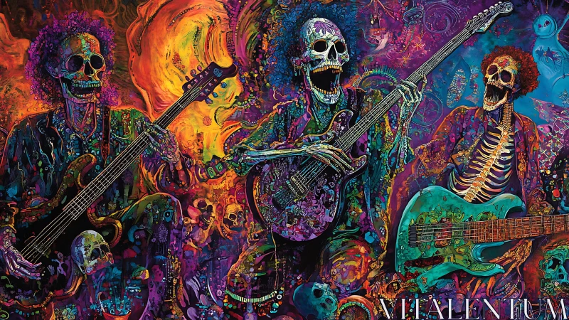Psychedelic skeleton rock band explodes in neon cosmic light