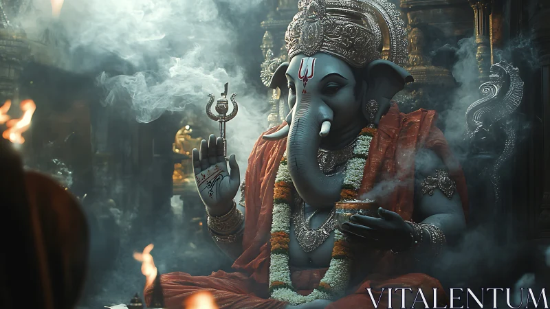 Ganesha idol in incense filled temple with ritual detail.