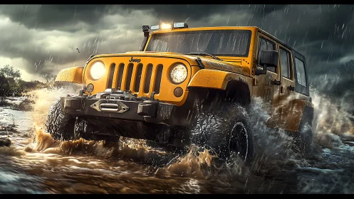 Storm-chasing yellow Jeep tears through wild river shallows.