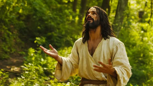 Man in white robe prays fervently in a sunlit green forest