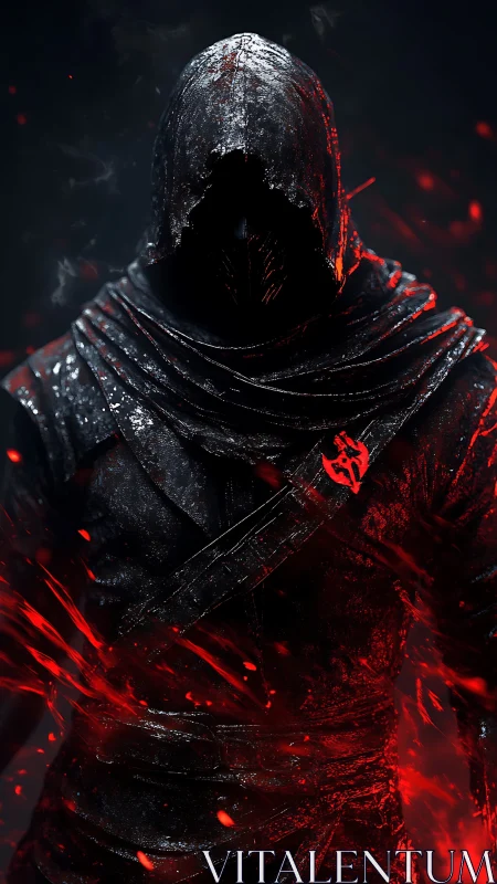 Hooded warrior in dark armor stands amid drifting red embers