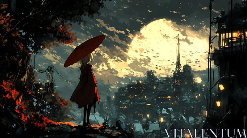 Figure with umbrella facing illuminated industrial cityscape.