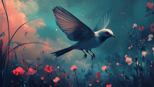 Digital illustration of bird in mid-flight over wildflowers.