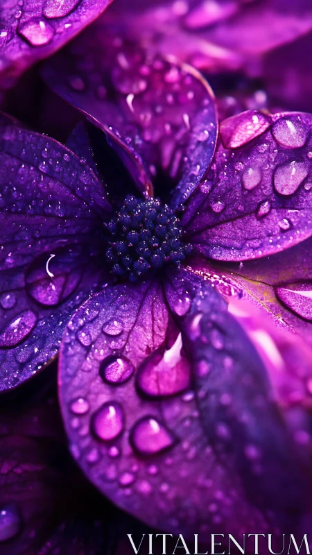 Purple flower petals with water droplets in macro photography.