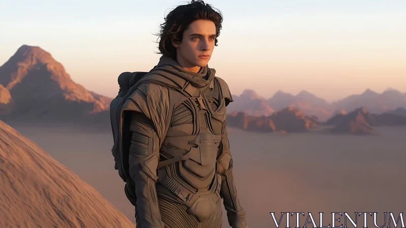 Stargazing wanderer on quiet desert ridge at sunrise.