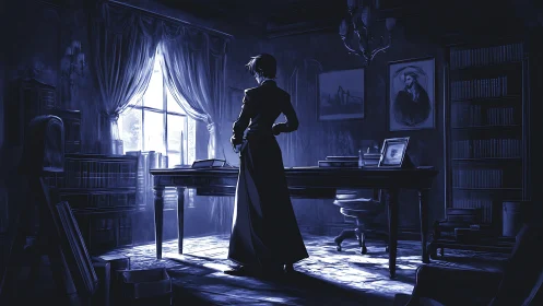 Moonlit thinker in a quiet, book-lined midnight study.