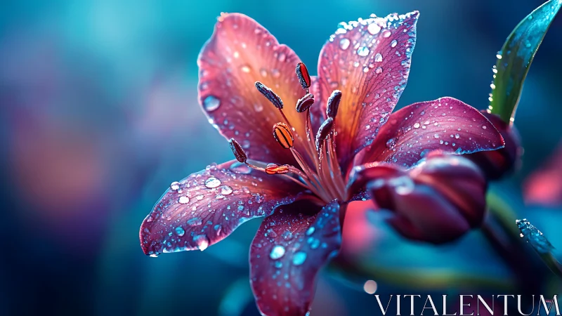 Crimson Lily with Dewdrops Against Turquoise Bokeh Background.