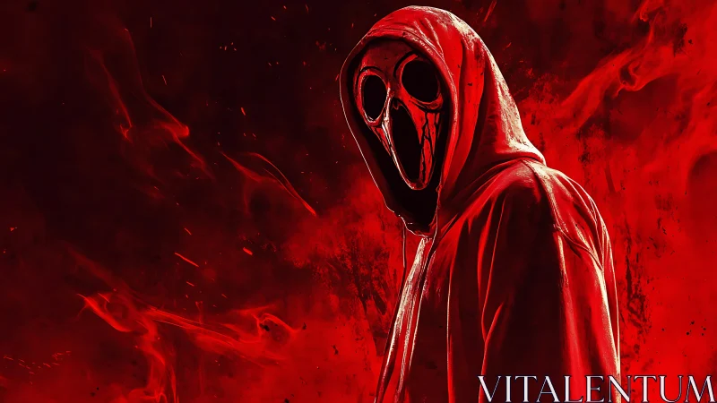 Hooded specter with skull mask amid turbulent red combustion.