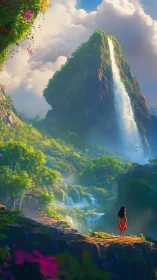 Woman on cliff facing towering mountain waterfall landscape.
