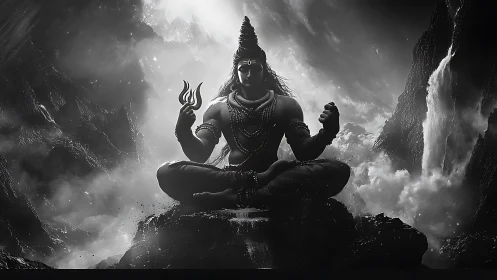 Serene mountain deity in meditative stillness and soft light.