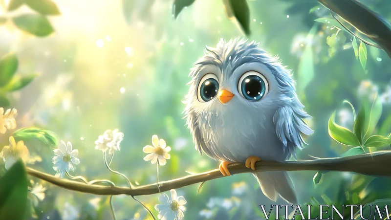 Cute fluffy cartoon bird with big eyes on a sunny forest branch.