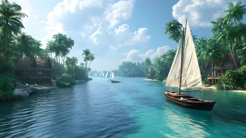 Tropical Paradise: Where Sailboats Drift Through Emerald Waters