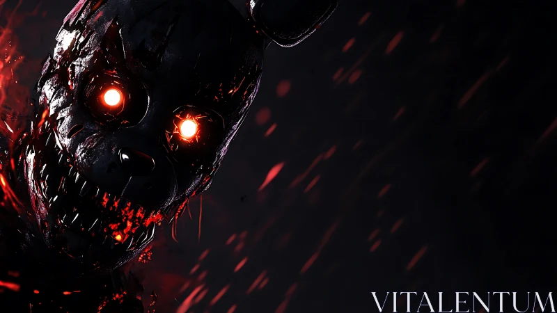 Burning demonic animatronic head glows in darkness