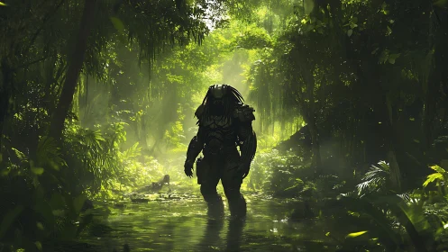 Armored alien hunter standing in dense jungle stream.