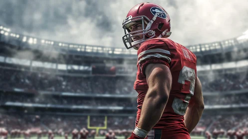 Football quarterback scans the smoky stadium before play.