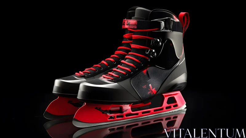 Modern black and red ice hockey skates with a sleek futuristic design.