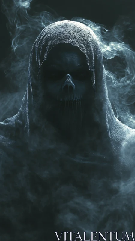 Volumetric hooded wraith emerging through particulate fog field.