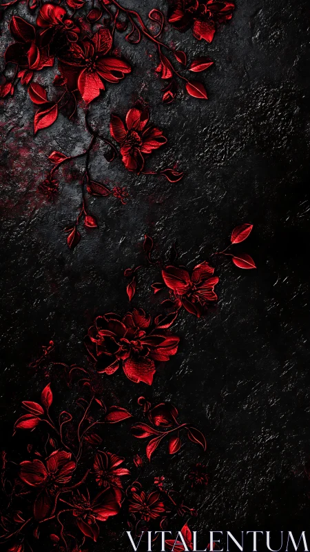Crimson embossed florals cascade across textured black stone
