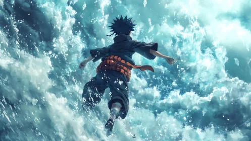 Anime boy suspended above turbulent teal ocean waves.