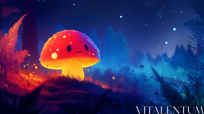 Glowing stylized mushroom character stands in a nocturnal forest
