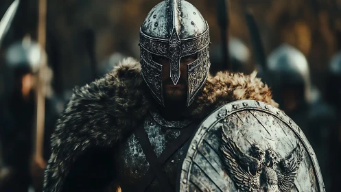 Armored medieval warrior advances with engraved shield.