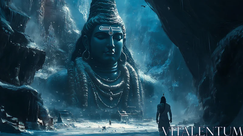 Colossal Shiva statue looms in a mystical icy mountain cavern