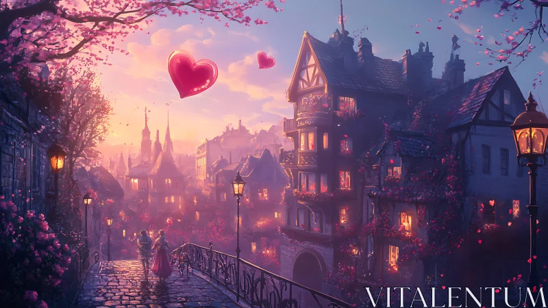 Fantasy Castle Cityscape with Luminous Hearts and Bioluminescent Flora, Golden Hour Rendering