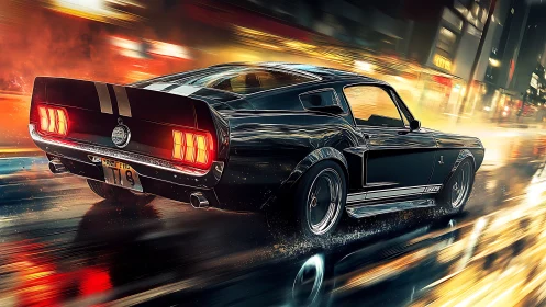 Midnight muscle car racing through neon city streets.