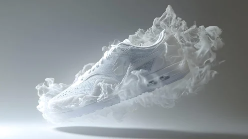 Futuristic white sneaker floating in smoke, minimalistic style.