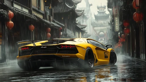 Yellow supercar powers through rainy neon old-town streets.