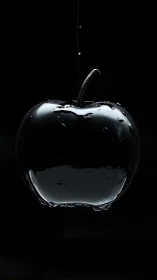 Glossy black apple coated with liquid against dark background