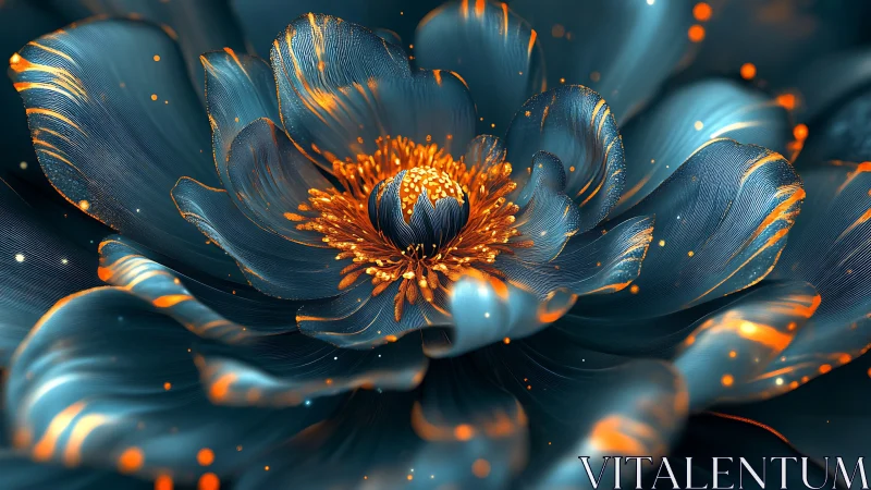 Parametric teal blossom with luminous orange particulate filaments.