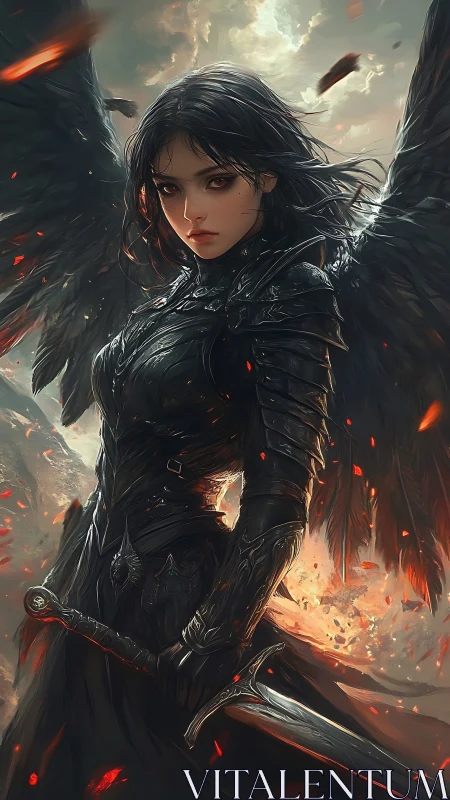 Winged armored figure stands with sword amid embers