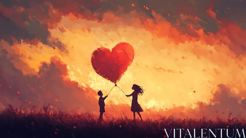Silhouetted Figures Ascending Heart-Shaped Balloon Through Chromatic Sky.