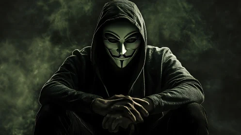 Masked shadow hacker broods in emerald smoke and silence.