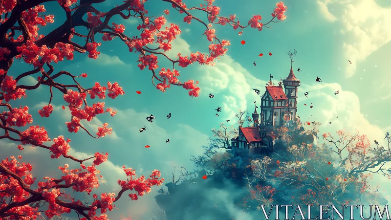 Elevated fantasy castle framed by blossom-laden branches in mist