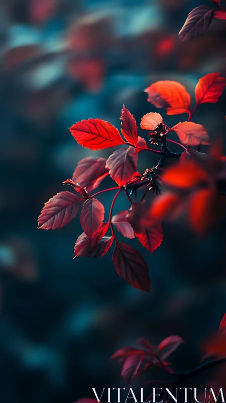 Scarlet leaves glow against deep teal dreamy background.