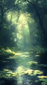 Enchanted Forest Stream with Golden Sunlight.