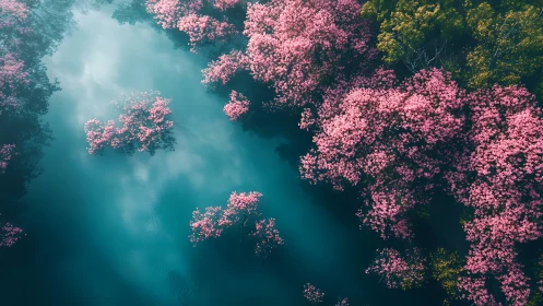 Aerial cherry blossoms over tranquil teal forest river.