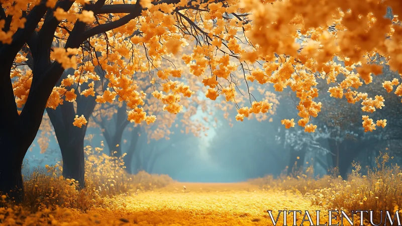 Golden blossom path drifting into a dreamy blue haze.