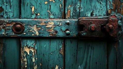 Weathered teal door hinge quietly tells a story of time