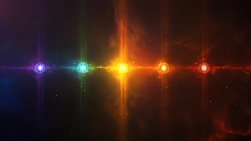 Chromatic cosmic orbs aligned on radiant nebular axis.