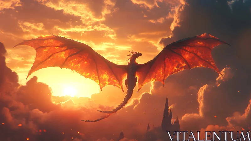 Fiery dragon soars across blazing sunset sky in flight.