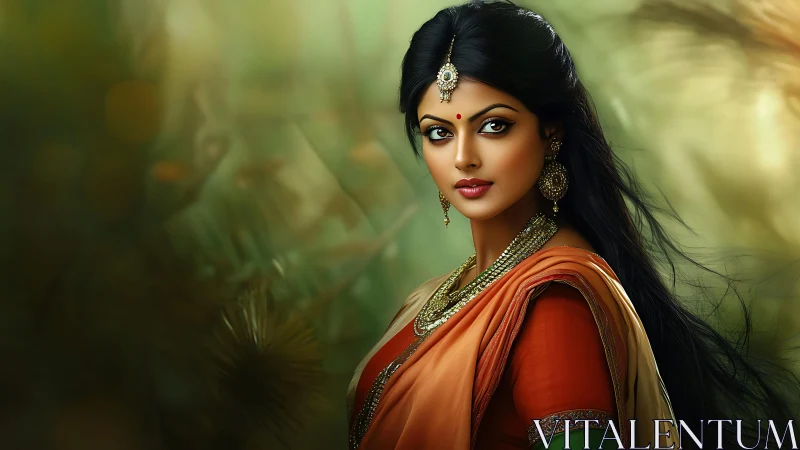 Graceful woman in traditional saree glows in soft golden light